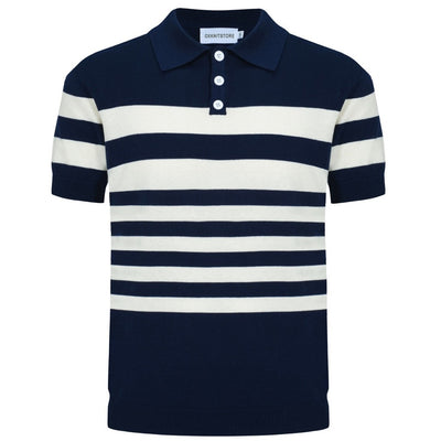 OXKNIT Men Vintage Clothing 1960s Mod Style Casual White Striped Navy Blue Polo Knitted Retro Top