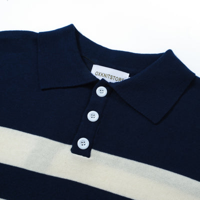 OXKNIT Men Vintage Clothing 1960s Mod Style Casual White Striped Navy Blue Polo Knitted Retro Top