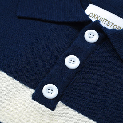OXKNIT Men Vintage Clothing 1960s Mod Style Casual White Striped Navy Blue Polo Knitted Retro Top