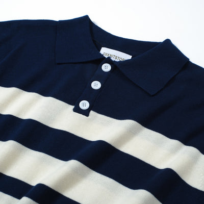 OXKNIT Men Vintage Clothing 1960s Mod Style Casual White Striped Navy Blue Polo Knitted Retro Top