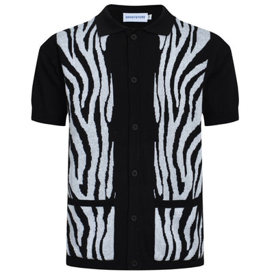 OXKNIT Men Vintage Clothing 1960s Mod Style Casual Zebra Pattern Black Knit Retro Polo Contains Pocket