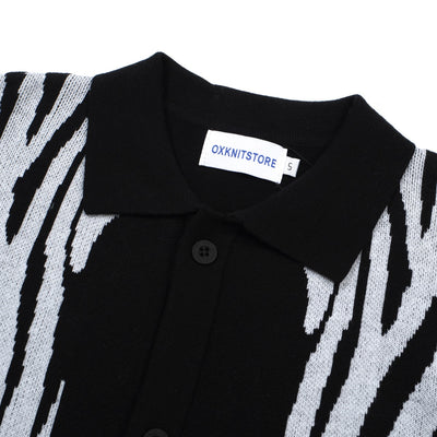 OXKNIT Men Vintage Clothing 1960s Mod Style Casual Zebra Pattern Black Knit Retro Polo Contains Pocket