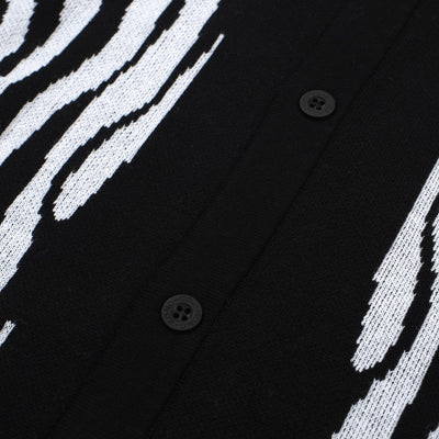 OXKNIT Men Vintage Clothing 1960s Mod Style Casual Zebra Pattern Black Knit Retro Polo Contains Pocket