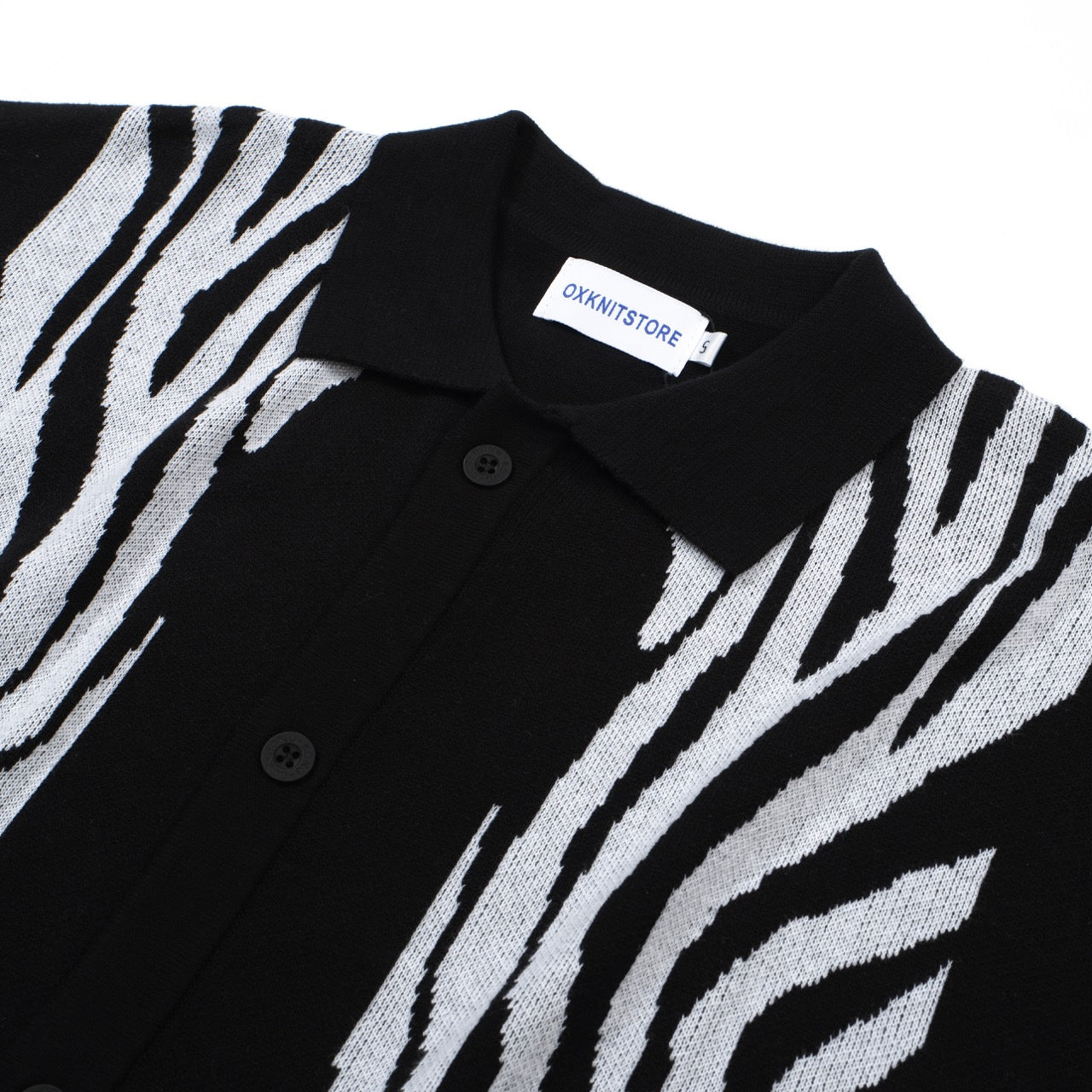 OXKNIT Men Vintage Clothing 1960s Mod Style Casual Zebra Pattern Black Knit Retro Polo Contains Pocket