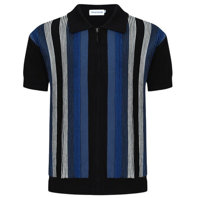 OXKNIT Men Vintage Clothing 1960s Mod Style Casual Zip Dark Blue Retro Knit Polo