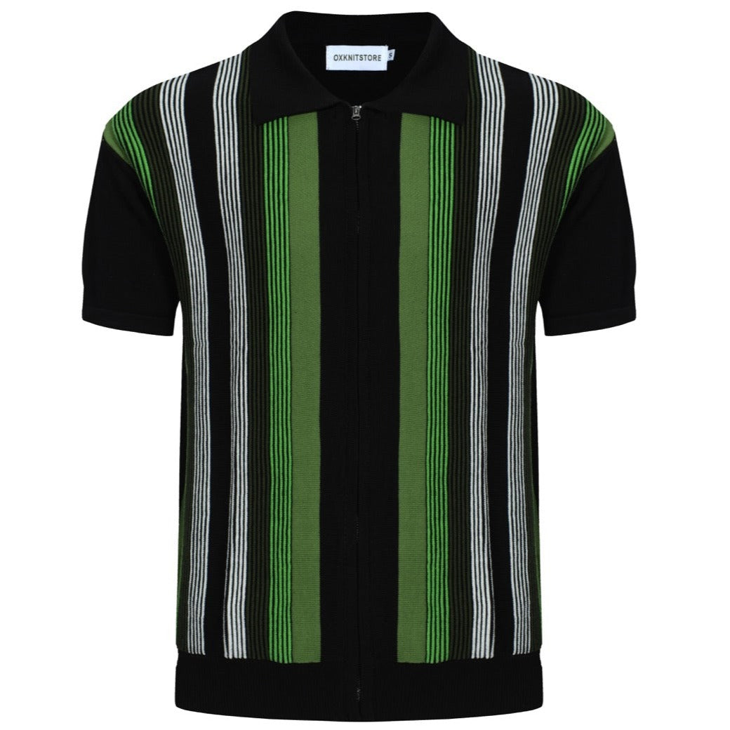 OXKNIT Men Vintage Clothing 1960s Mod Style Casual Zip Dark Green Retro Knit Polo