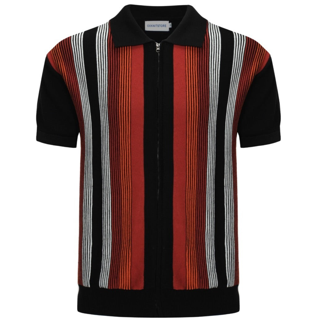 OXKNIT Men Vintage Clothing 1960s Mod Style Casual Zip Dark Red Retro Knit Polo