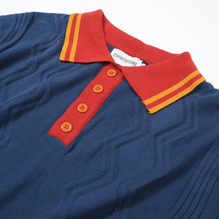 OXKNIT Men Vintage Clothing 1960s Mod Style Red & Dark Blue Retro Polo Knitted Wear