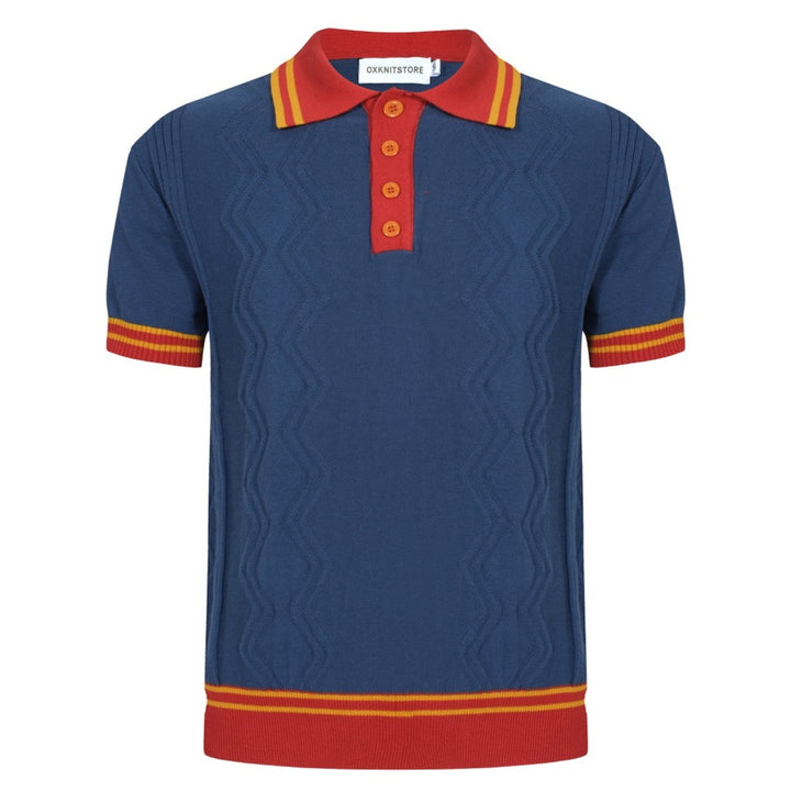 OXKNIT Men Vintage Clothing 1960s Mod Style Red & Dark Blue Retro Polo Knitted Wear