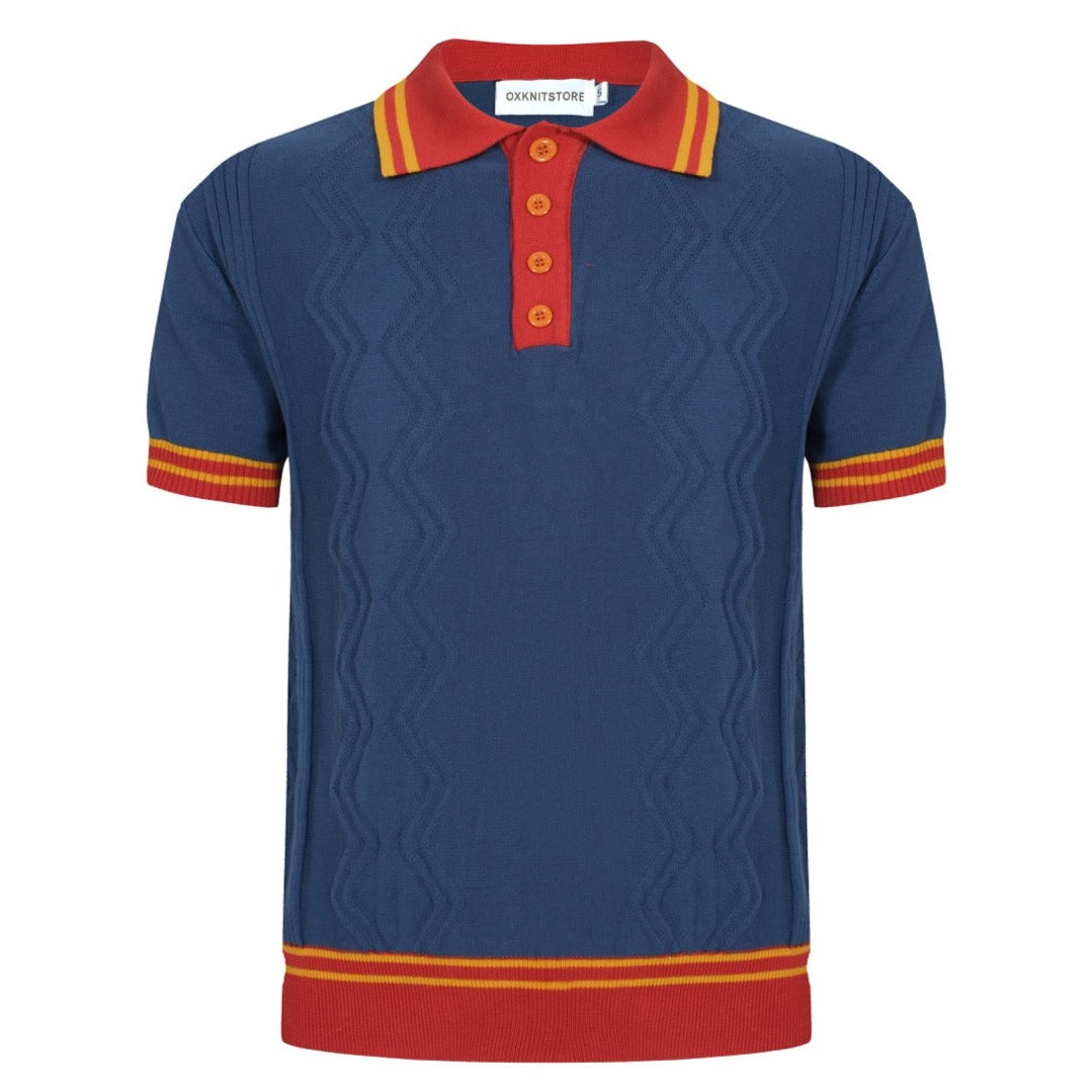 OXKNIT Men Vintage Clothing 1960s Mod Style Red & Dark Blue Retro Polo Knitted Wear