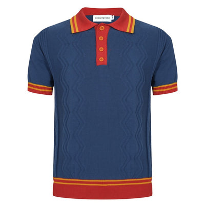 OXKNIT Men Vintage Clothing 1960s Mod Style Red & Dark Blue Retro Polo Knitted Wear
