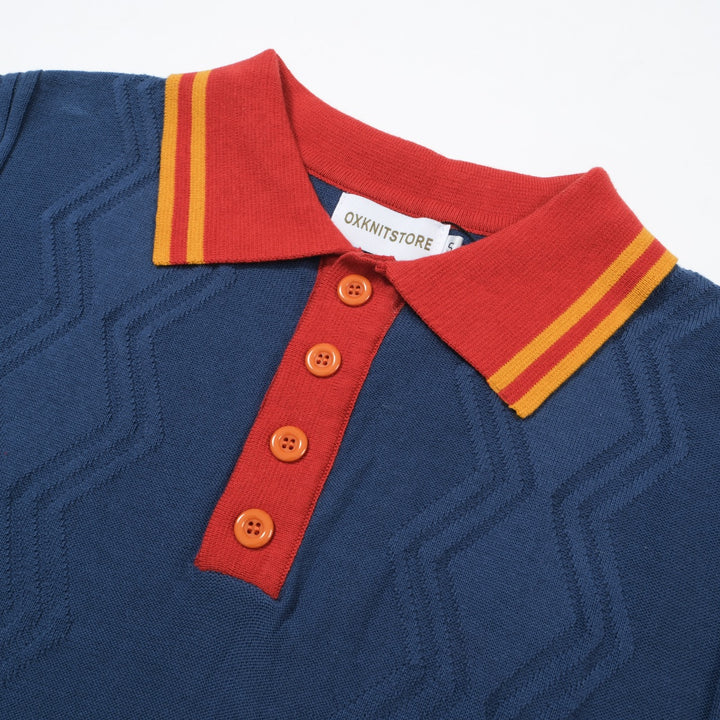 OXKNIT Men Vintage Clothing 1960s Mod Style Red & Dark Blue Retro Polo Knitted Wear