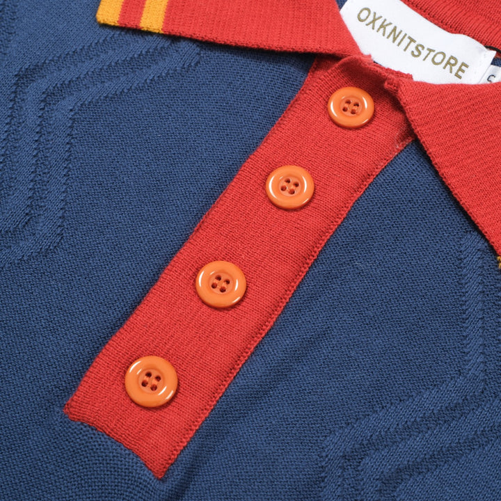 OXKNIT Men Vintage Clothing 1960s Mod Style Red & Dark Blue Retro Polo Knitted Wear