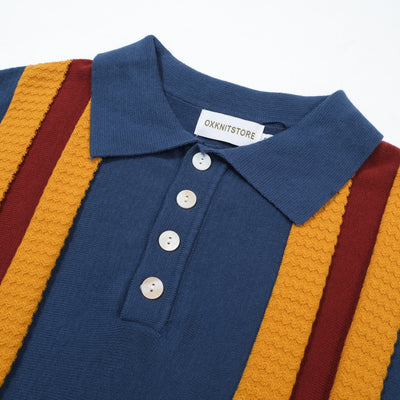 OXKNIT Men Vintage Clothing 1960s Mod Style Stripe Dark Blue & Yellow Knit Retro Polo