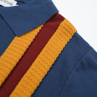 OXKNIT Men Vintage Clothing 1960s Mod Style Stripe Dark Blue & Yellow Knit Retro Polo