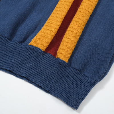 OXKNIT Men Vintage Clothing 1960s Mod Style Stripe Dark Blue & Yellow Knit Retro Polo
