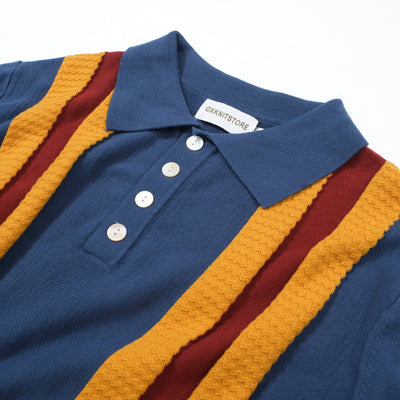 OXKNIT Men Vintage Clothing 1960s Mod Style Stripe Dark Blue & Yellow Knit Retro Polo