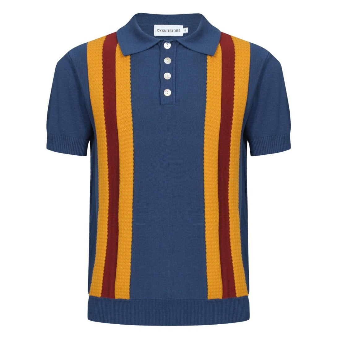 OXKNIT Men Vintage Clothing 1960s Mod Style Stripe Dark Blue & Yellow Knit Retro Polo