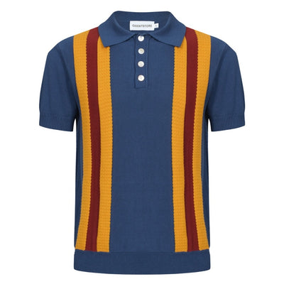 OXKNIT Men Vintage Clothing 1960s Mod Style Stripe Dark Blue & Yellow Knit Retro Polo