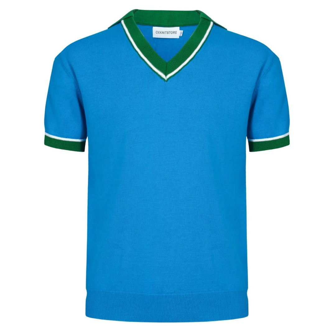 OXKNIT Men Vintage Clothing 1960s Mod Style V Neck Blue & Green  RetroPolo Knitted Wear