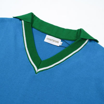 OXKNIT Men Vintage Clothing 1960s Mod Style V Neck Blue & Green  RetroPolo Knitted Wear