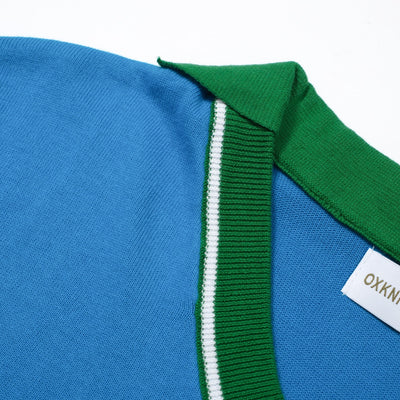 OXKNIT Men Vintage Clothing 1960s Mod Style V Neck Blue & Green  RetroPolo Knitted Wear