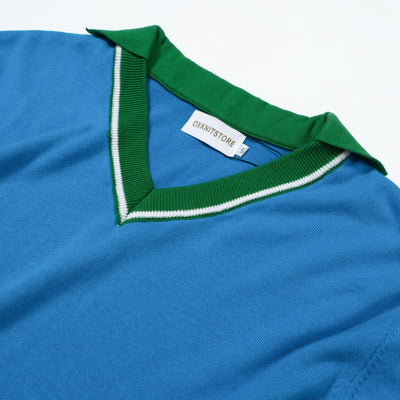 OXKNIT Men Vintage Clothing 1960s Mod Style V Neck Blue & Green  RetroPolo Knitted Wear