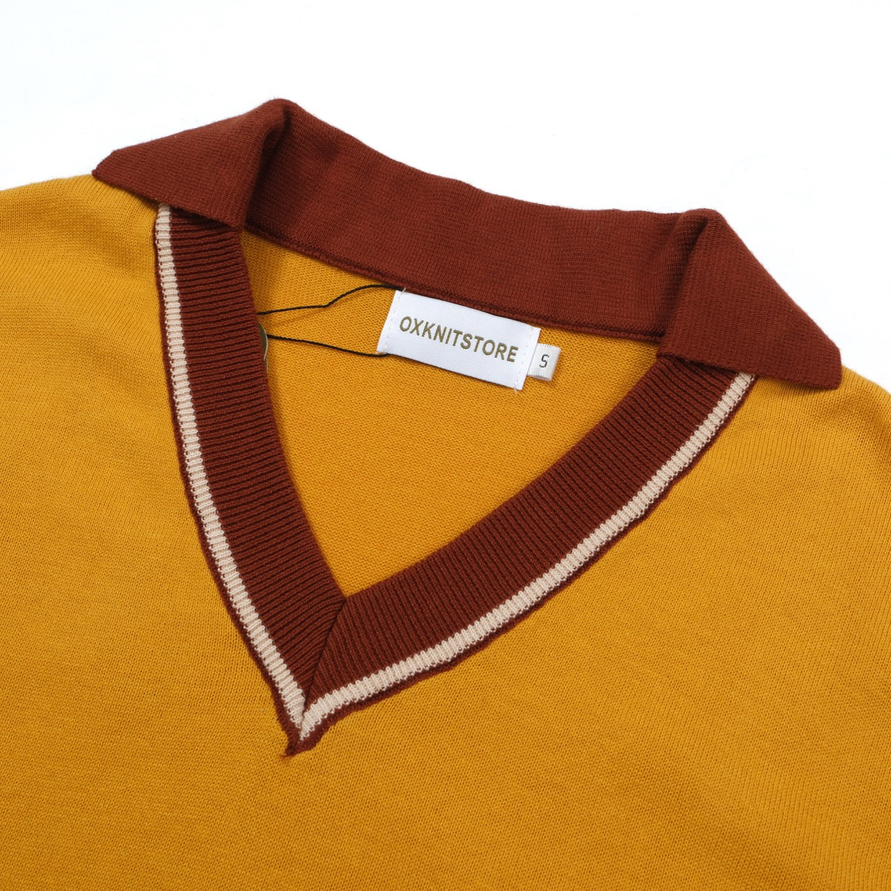 OXKNIT Men Vintage Clothing 1960s Mod Style V Neck Yellow Retro Polo Knitted Wear