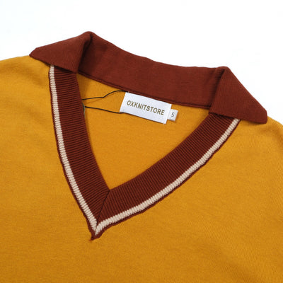 OXKNIT Men Vintage Clothing 1960s Mod Style V Neck Yellow Retro Polo Knitted Wear