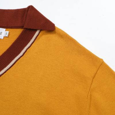 OXKNIT Men Vintage Clothing 1960s Mod Style V Neck Yellow Retro Polo Knitted Wear