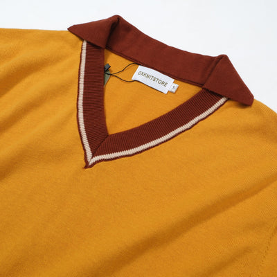 OXKNIT Men Vintage Clothing 1960s Mod Style V Neck Yellow Retro Polo Knitted Wear