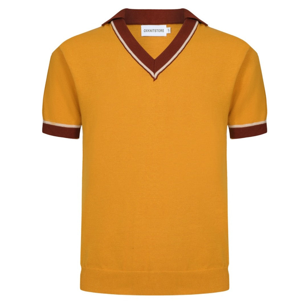OXKNIT Men Vintage Clothing 1960s Mod Style V Neck Yellow Retro Polo Knitted Wear