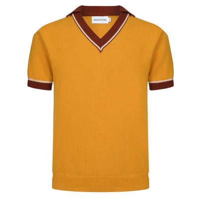 OXKNIT Men Vintage Clothing 1960s Mod Style V Neck Yellow Retro Polo Knitted Wear