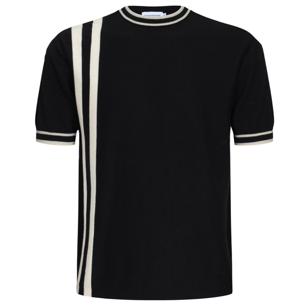 OXKNIT Men Vintage Clothing 1970s Mod Style Casual White Stripe Black Knit Retro Tee