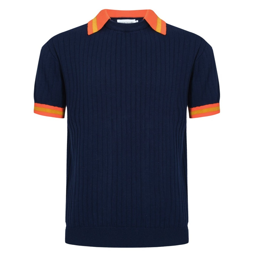 OXKNIT Men Vintage Clothing Classic Navy Blue Retro Polo Knitted Wear