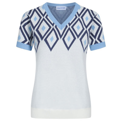 OXKNIT Women Vintage Clothing 1960s Mod Style Casual Blue Vintage Rhombus V-Neck White Short Sleeves Knitwear Retro Tshirt