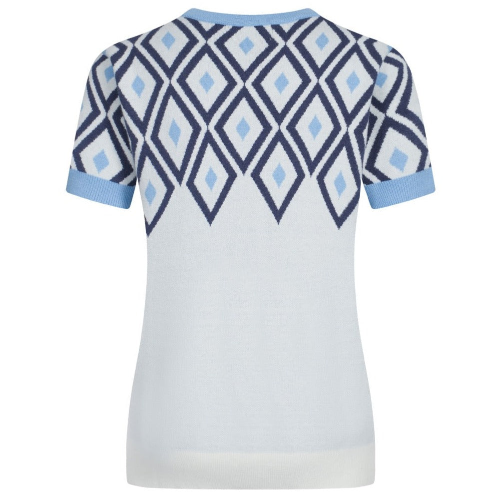 OXKNIT Women Vintage Clothing 1960s Mod Style Casual Blue Vintage Rhombus V-Neck White Short Sleeves Knitwear Retro Tshirt