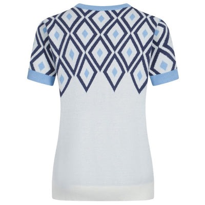 OXKNIT Women Vintage Clothing 1960s Mod Style Casual Blue Vintage Rhombus V-Neck White Short Sleeves Knitwear Retro Tshirt
