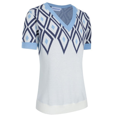 OXKNIT Women Vintage Clothing 1960s Mod Style Casual Blue Vintage Rhombus V-Neck White Short Sleeves Knitwear Retro Tshirt