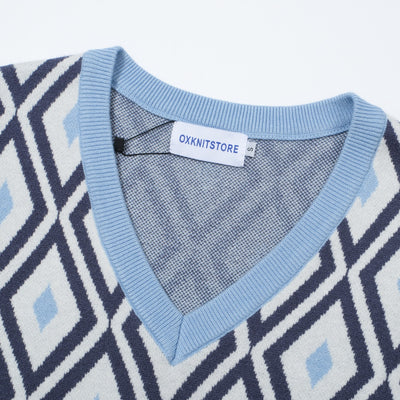 OXKNIT Women Vintage Clothing 1960s Mod Style Casual Blue Vintage Rhombus V-Neck White Short Sleeves Knitwear Retro Tshirt
