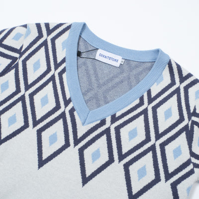 OXKNIT Women Vintage Clothing 1960s Mod Style Casual Blue Vintage Rhombus V-Neck White Short Sleeves Knitwear Retro Tshirt