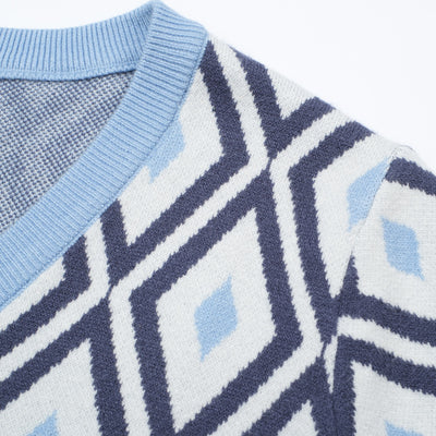 OXKNIT Women Vintage Clothing 1960s Mod Style Casual Blue Vintage Rhombus V-Neck White Short Sleeves Knitwear Retro Tshirt