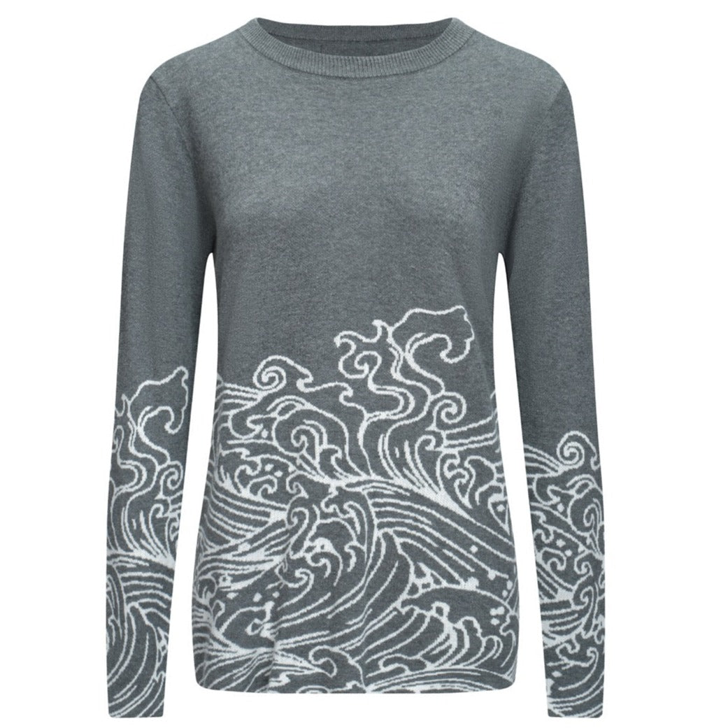 OXKNIT Women Vintage Clothing 1960s Mod Style Casual Grey Wave Knitwear Retro T-shirts
