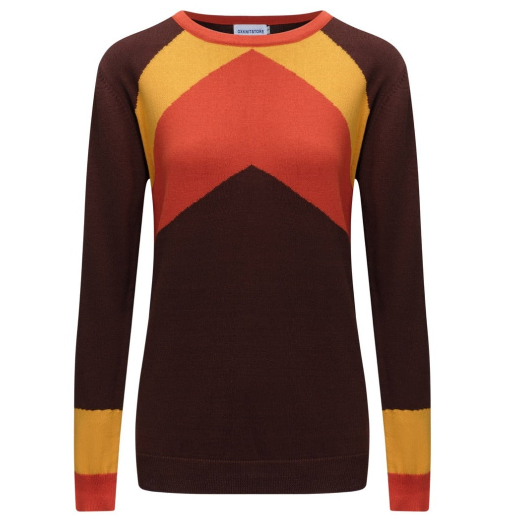 OXKNIT Women Vintage Clothing 1960s Mod Style Casual Knitwear Long Sleeve Diagonal Stripe Orange & Brown Retro T-shirts