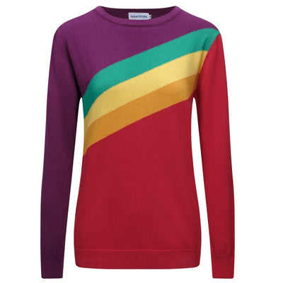 OXKNIT Women Vintage Clothing 1960s Mod Style Casual Knitwear Long Sleeve Rainbow Diagonal Stripe Retro T-shirts