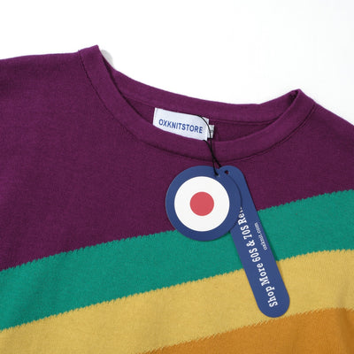 OXKNIT Women Vintage Clothing 1960s Mod Style Casual Knitwear Long Sleeve Rainbow Diagonal Stripe Retro T-shirts