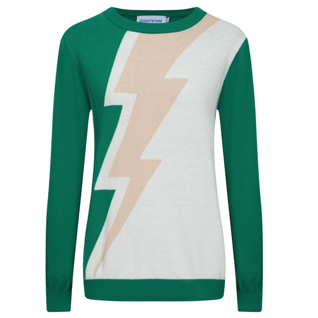 OXKNIT Women Vintage Clothing 1960s Mod Style Casual Long Sleeve Beige & Green Lightning Knit Retro T-shirts