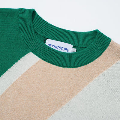 OXKNIT Women Vintage Clothing 1960s Mod Style Casual Long Sleeve Beige & Green Lightning Knit Retro T-shirts