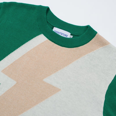 OXKNIT Women Vintage Clothing 1960s Mod Style Casual Long Sleeve Beige & Green Lightning Knit Retro T-shirts