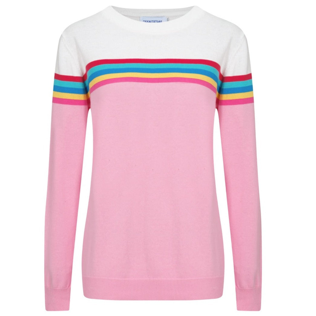 OXKNIT Women Vintage Clothing 1960s Mod Style Casual Long Sleeve Pink Rainbow Striped Knit Retro T-shirts